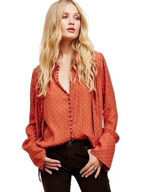 Free People Rust Orange Polka Dot Ruffle Blouse